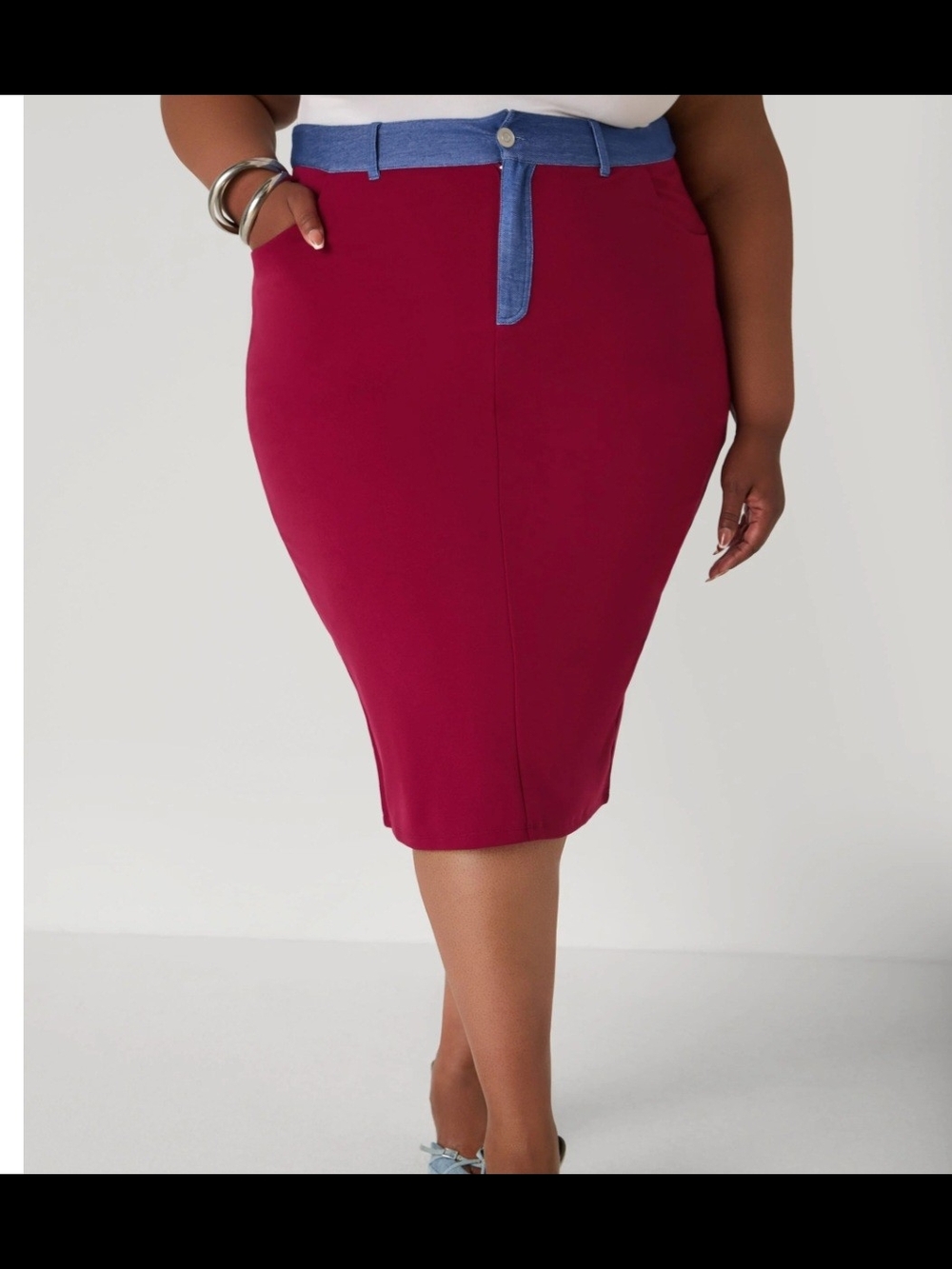 Ashley Stewart Plus-Size Wine Pencil Skirt with Contrast Denim Waistband